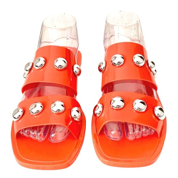 Schutz Nordstrom Lizzie Slides Sandal 9 Silver Studded Open Toe Bright Orange - Picture 2 of 10